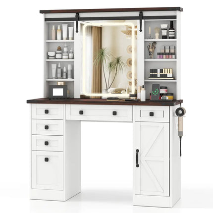 Farmhouse Vanity Desk with Barn-Style Sliding Mirror and 3 Lighting Modes-White - White - Makeup Vanities