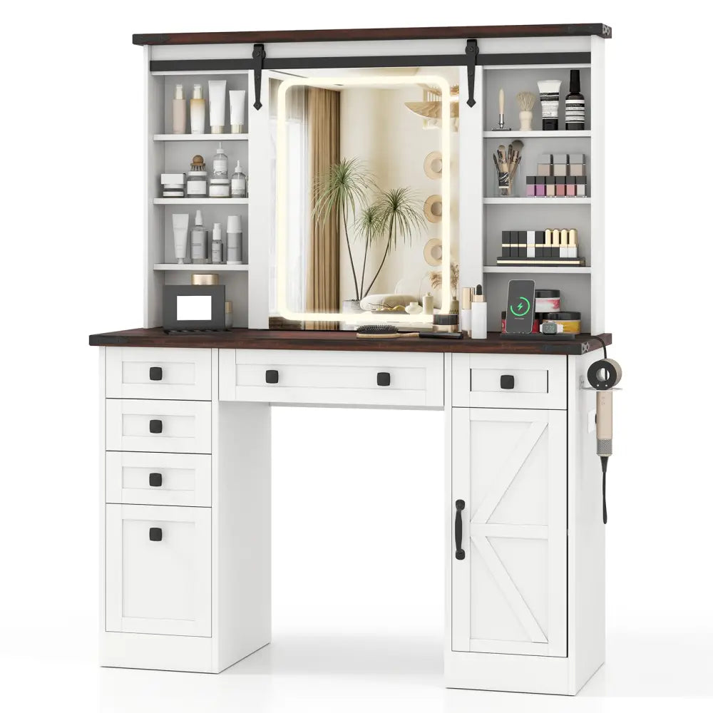 Farmhouse Vanity Desk with Barn-Style Sliding Mirror and 3 Lighting Modes-White - White - Makeup Vanities