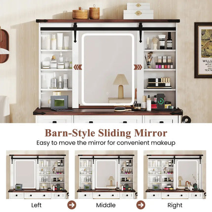 Farmhouse Vanity Desk with Barn-Style Sliding Mirror and 3 Lighting Modes-White - White - Makeup Vanities