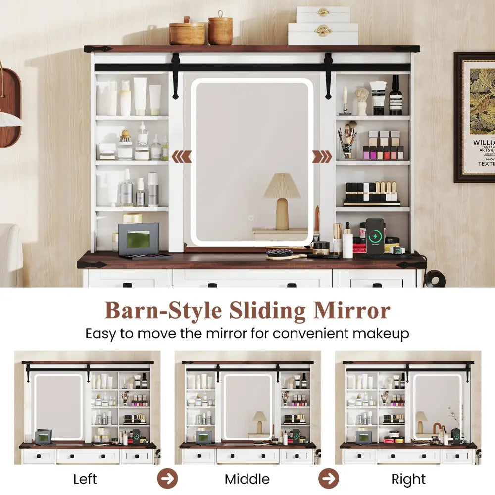 Farmhouse Vanity Desk with Barn-Style Sliding Mirror and 3 Lighting Modes-White - White - Makeup Vanities