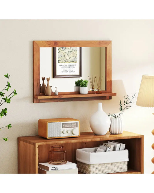 Farmhouse Wall Mirror with Shelf and Teak Wood Frame - Natural - Wall Mirrors
