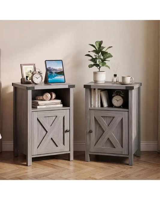 Farmhouse Wooden Nightstand with Barn Door and Storage Cabinet-2Pack - Nightstands