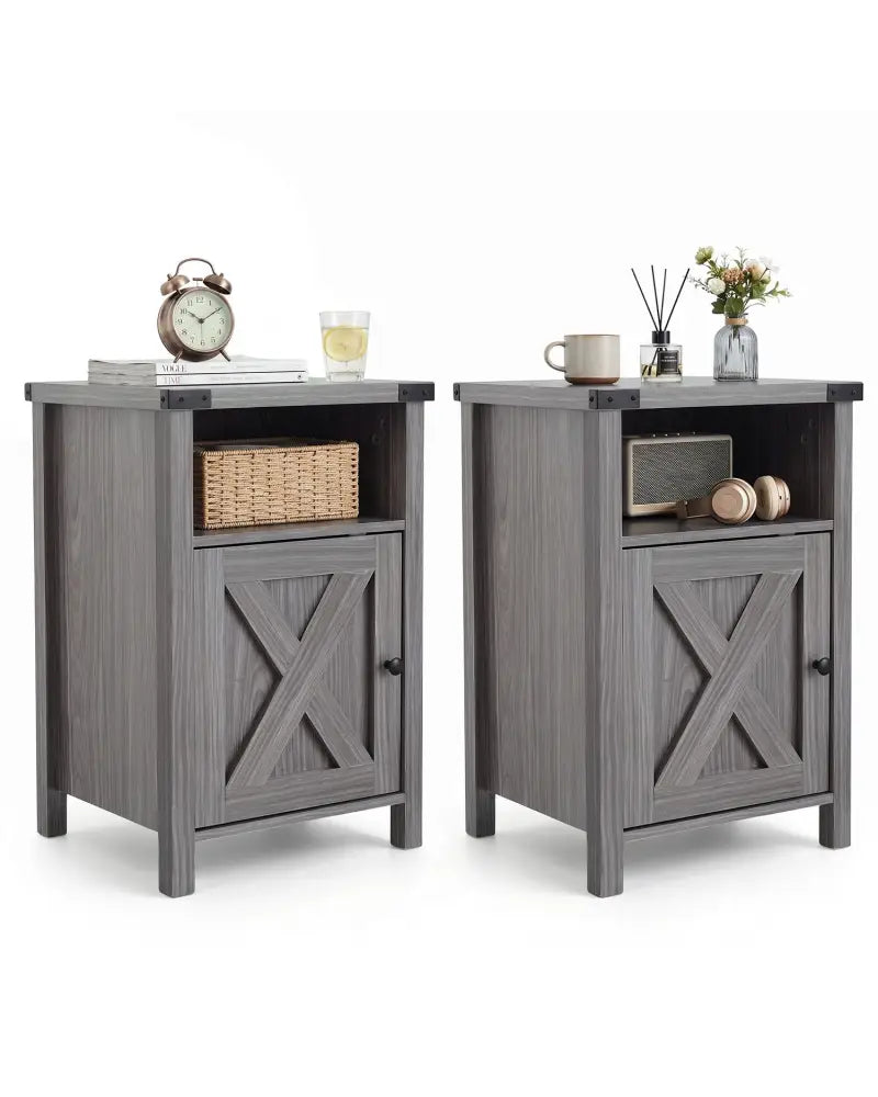 Farmhouse Wooden Nightstand with Barn Door and Storage Cabinet-2Pack - Nightstands