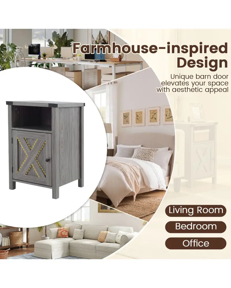Farmhouse Wooden Nightstand with Barn Door and Storage Cabinet-2Pack - Nightstands