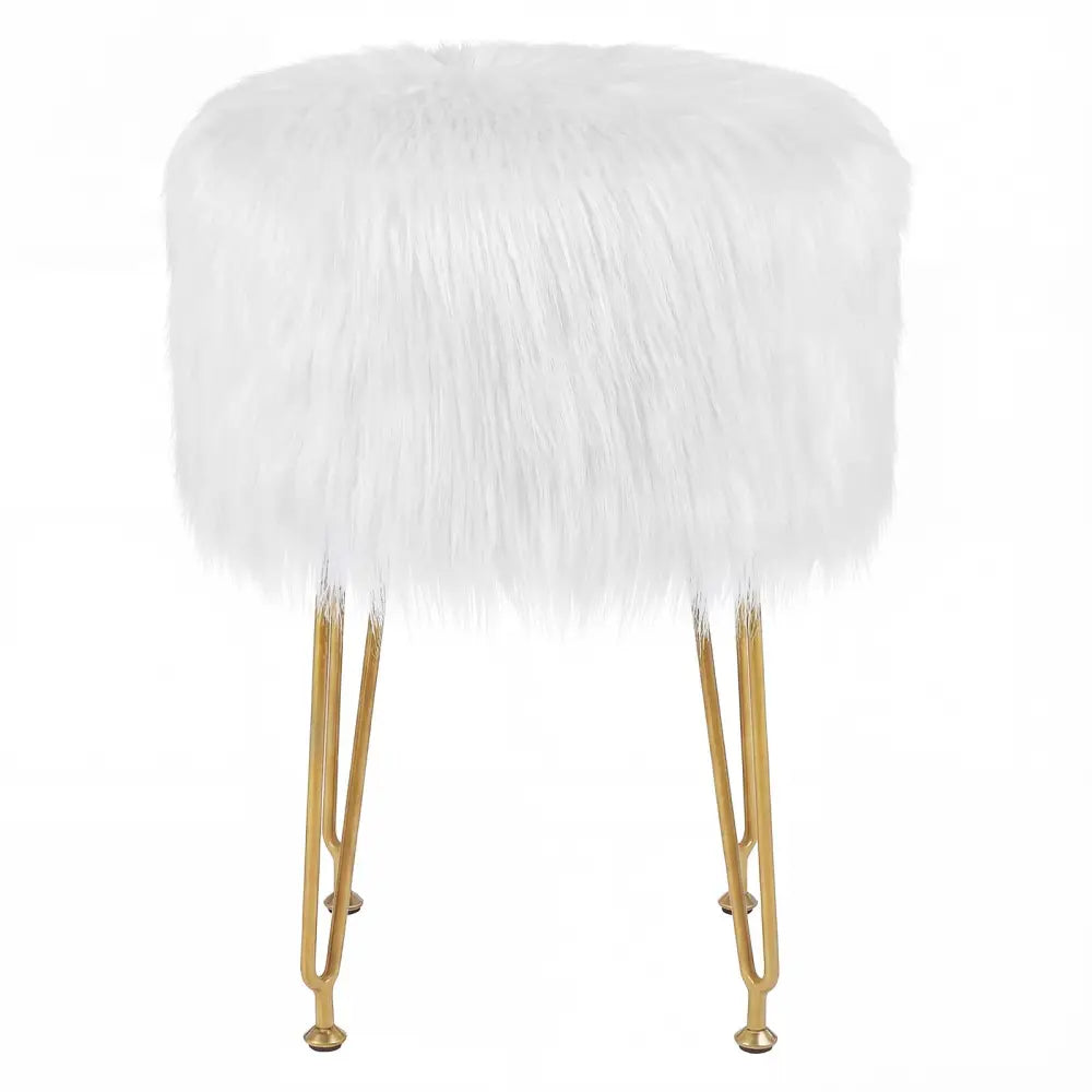Faux Fur Vanity Stool Chair with Metal Legs for Bedroom and Living Room-White - White - Ottomans