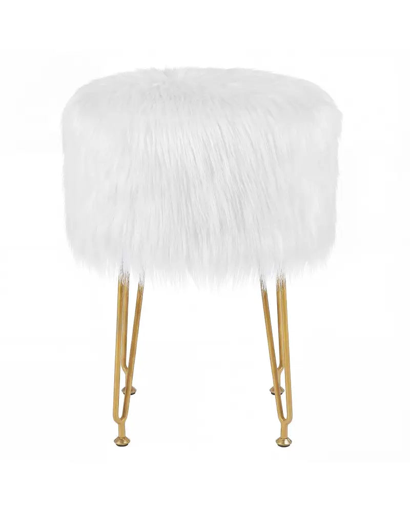 Faux Fur Vanity Stool Chair with Metal Legs for Bedroom and Living Room-White - White - Ottomans