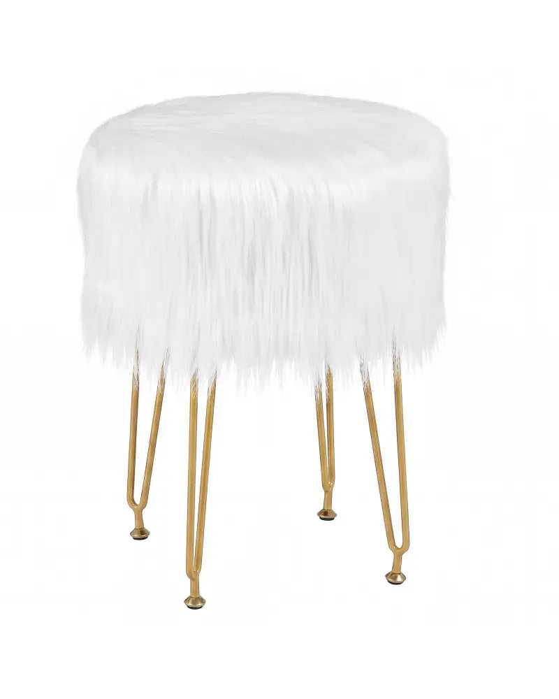 Faux Fur Vanity Stool Chair with Metal Legs for Bedroom and Living Room-White - White - Ottomans