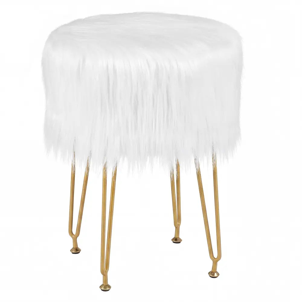Faux Fur Vanity Stool Chair with Metal Legs for Bedroom and Living Room-White - White - Ottomans