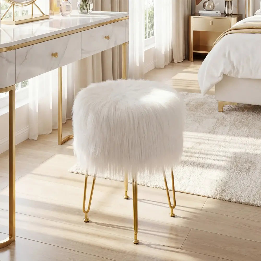 Faux Fur Vanity Stool Chair with Metal Legs for Bedroom and Living Room-White - White - Ottomans