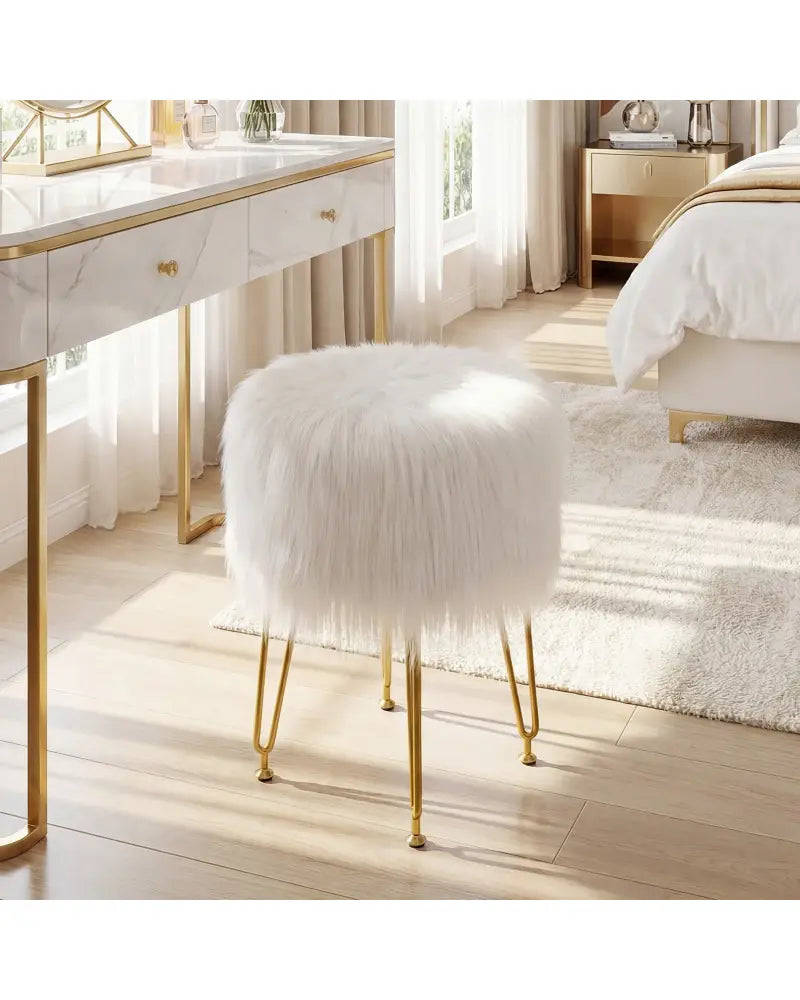 Faux Fur Vanity Stool Chair with Metal Legs for Bedroom and Living Room-White - White - Ottomans