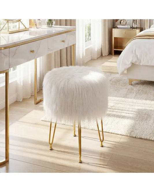 Faux Fur Vanity Stool Chair with Metal Legs for Bedroom and Living Room-White - White - Ottomans