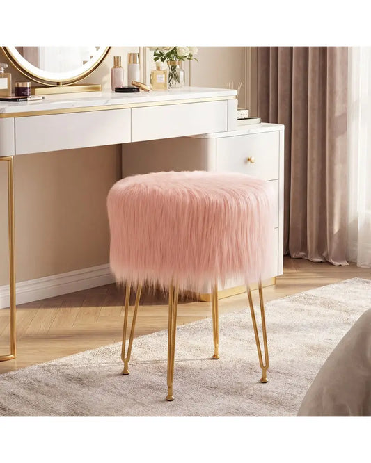 Faux Fur Vanity Stool Chair with Metal Legs for Bedroom and Living Room-Pink - Pink - Ottomans