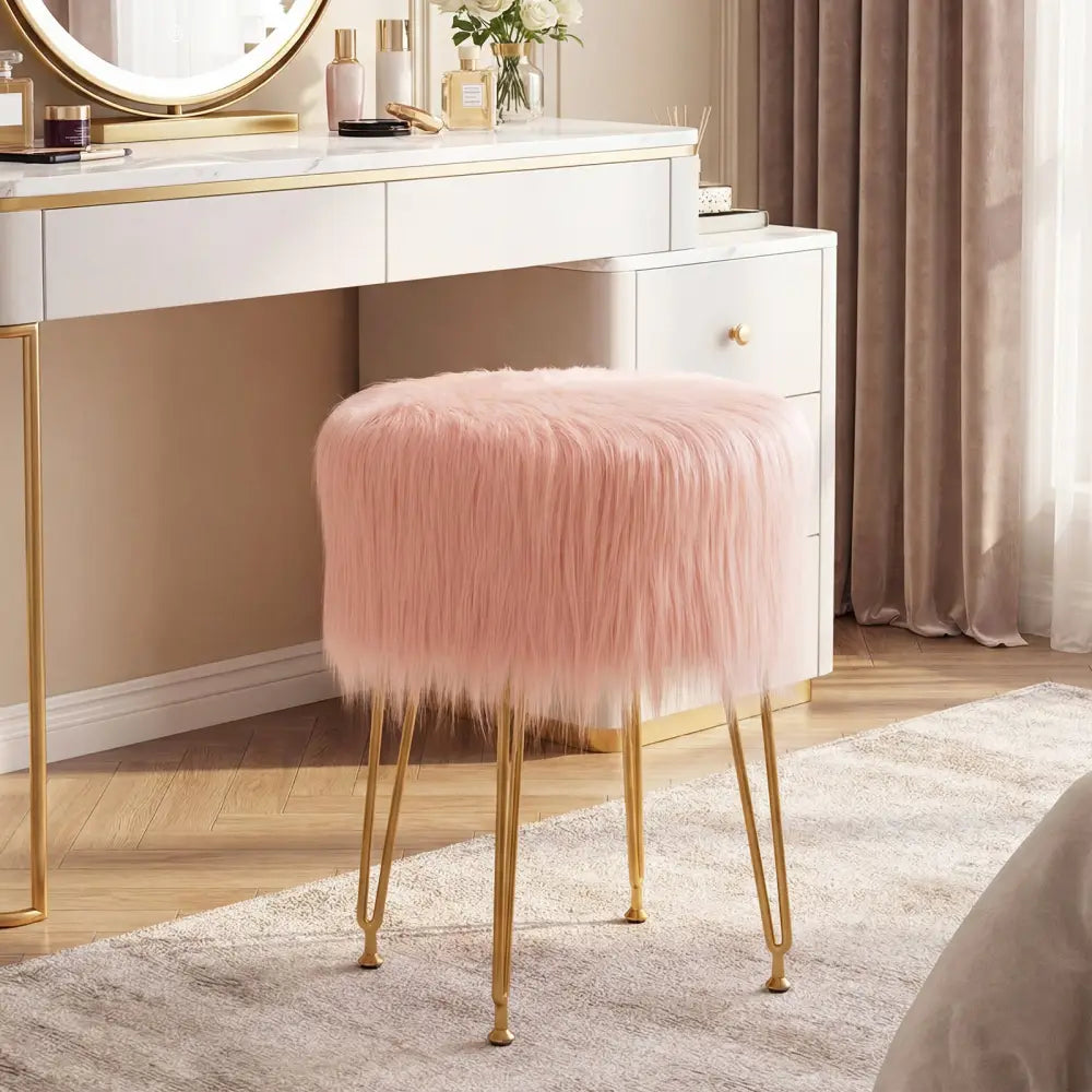 Faux Fur Vanity Stool Chair with Metal Legs for Bedroom and Living Room-Pink - Pink - Ottomans