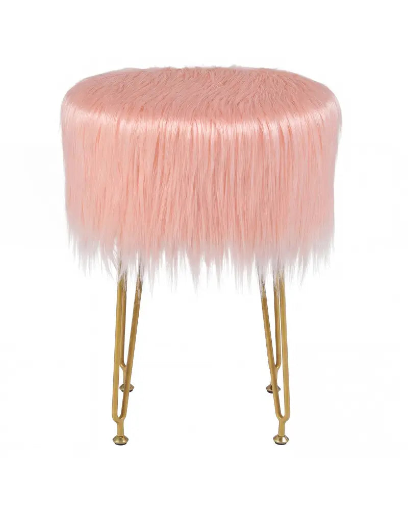 Faux Fur Vanity Stool Chair with Metal Legs for Bedroom and Living Room-Pink - Pink - Ottomans