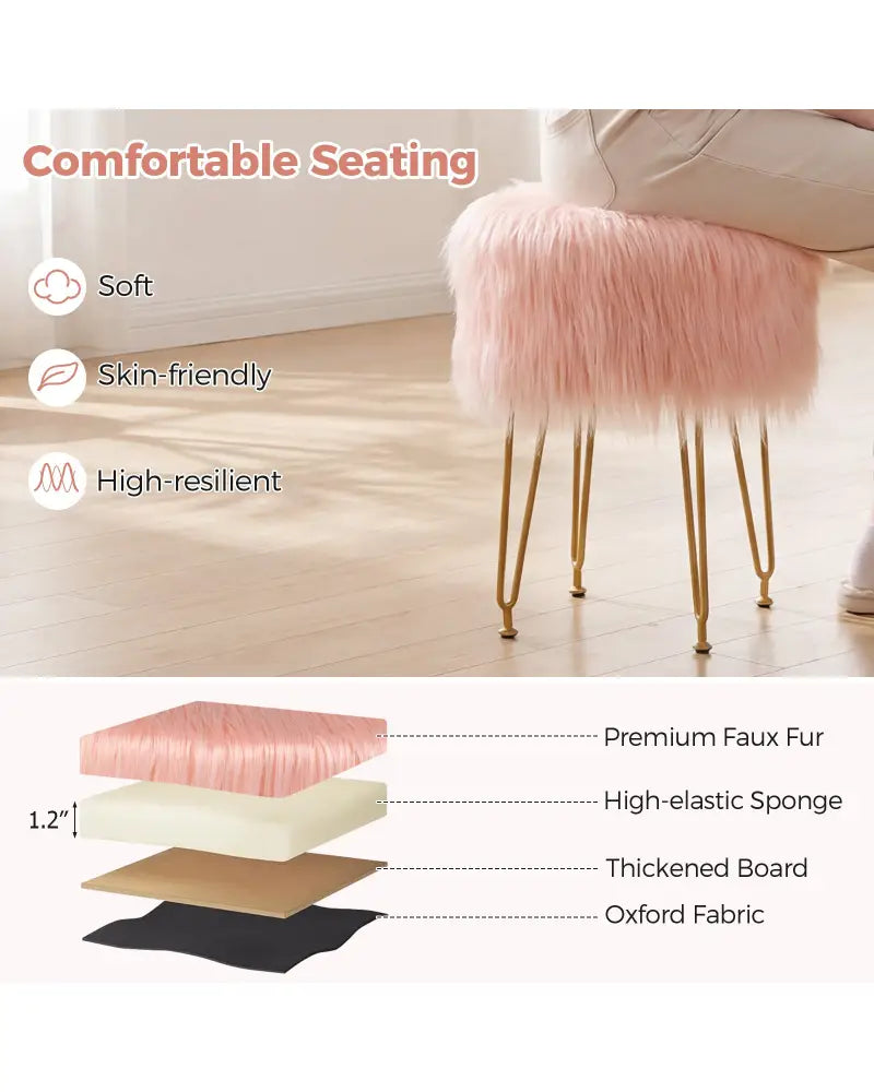 Faux Fur Vanity Stool Chair with Metal Legs for Bedroom and Living Room-Pink - Pink - Ottomans