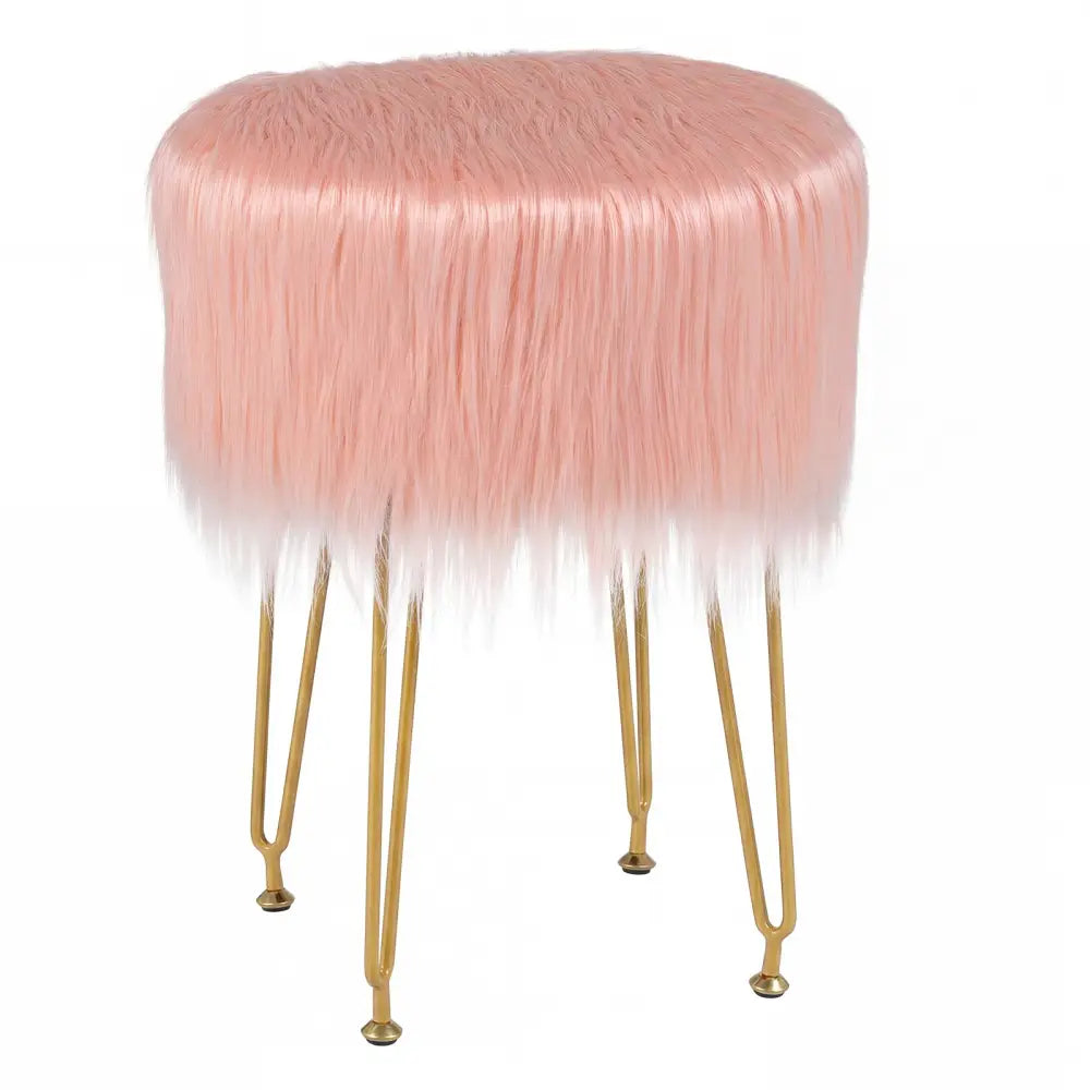 Faux Fur Vanity Stool Chair with Metal Legs for Bedroom and Living Room-Pink - Pink - Ottomans