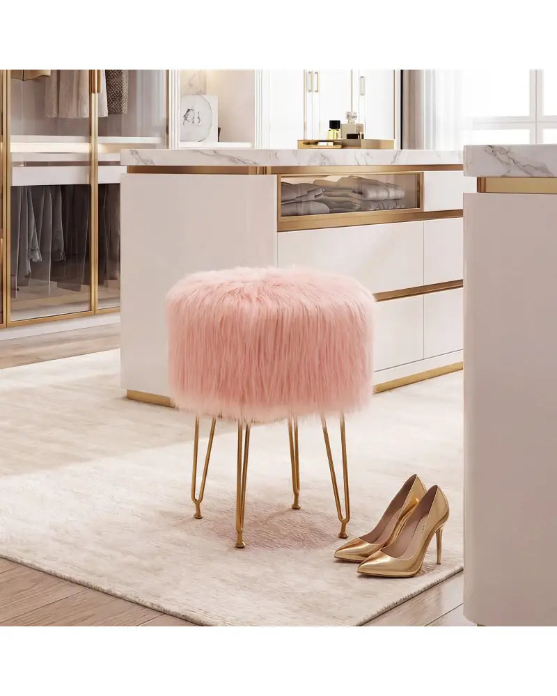 Faux Fur Vanity Stool Chair with Metal Legs for Bedroom and Living Room-Pink - Pink - Ottomans