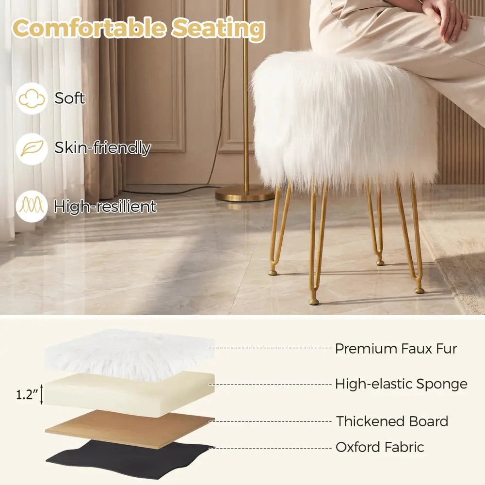 Faux Fur Vanity Stool Chair with Metal Legs for Bedroom and Living Room-White - White - Ottomans