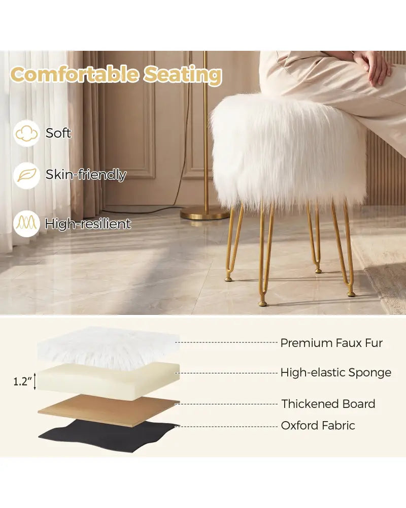 Faux Fur Vanity Stool Chair with Metal Legs for Bedroom and Living Room-White - White - Ottomans