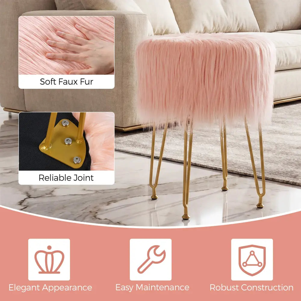 Faux Fur Vanity Stool Chair with Metal Legs for Bedroom and Living Room-Pink - Pink - Ottomans