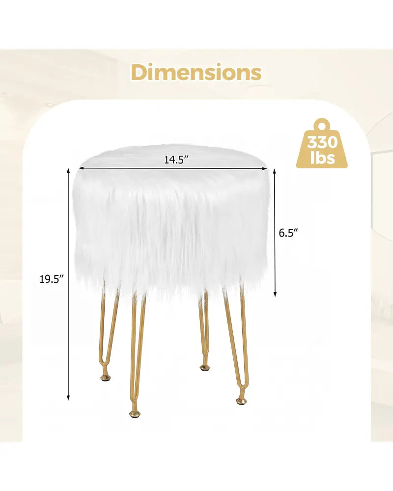 Faux Fur Vanity Stool Chair with Metal Legs for Bedroom and Living Room-White - White - Ottomans