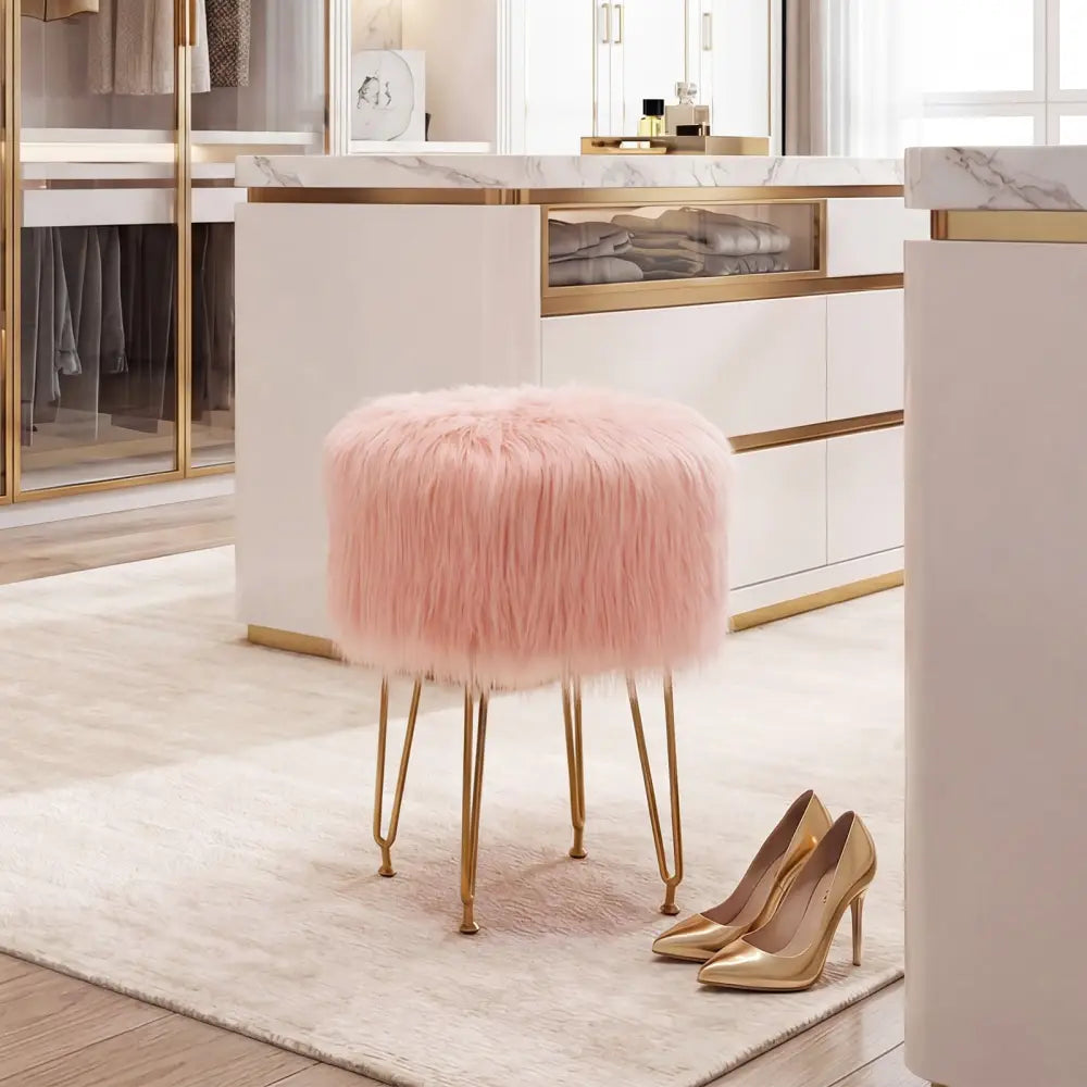 Faux Fur Vanity Stool Chair with Metal Legs for Bedroom and Living Room-Pink - Pink - Ottomans