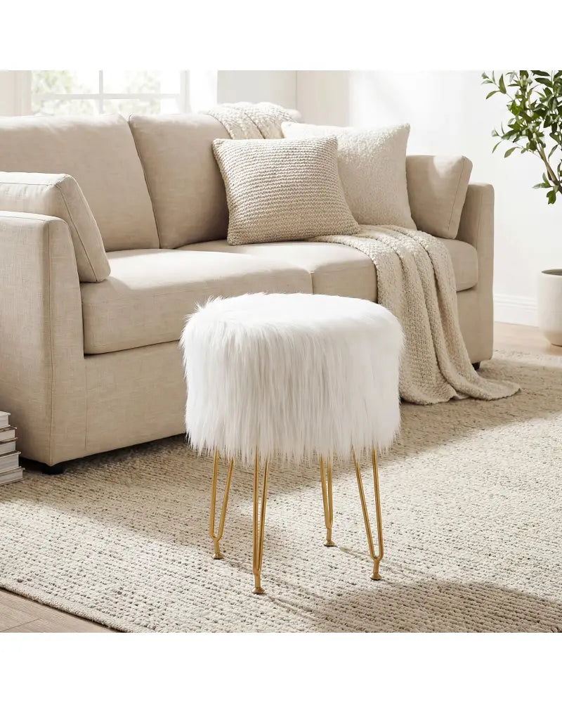 Faux Fur Vanity Stool Chair with Metal Legs for Bedroom and Living Room-White - White - Ottomans