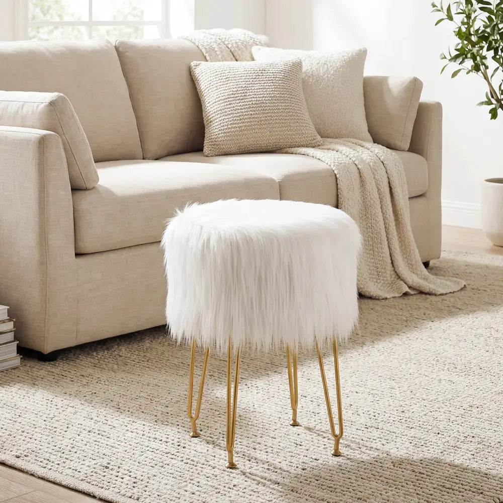 Faux Fur Vanity Stool Chair with Metal Legs for Bedroom and Living Room-White - White - Ottomans