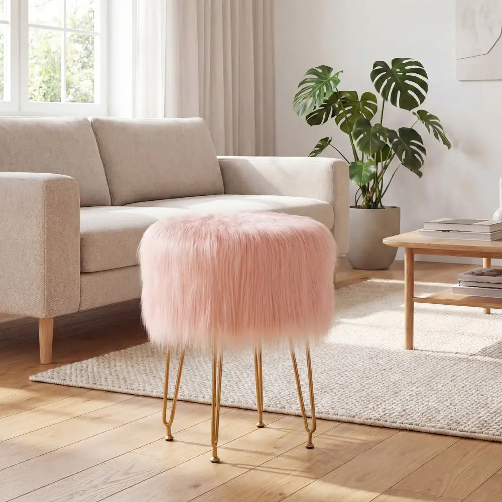 Faux Fur Vanity Stool Chair with Metal Legs for Bedroom and Living Room-Pink - Pink - Ottomans