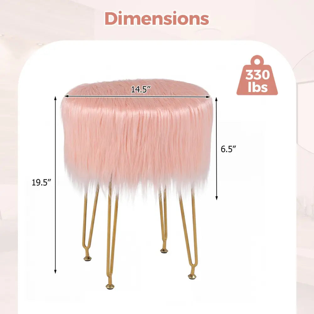 Faux Fur Vanity Stool Chair with Metal Legs for Bedroom and Living Room-Pink - Pink - Ottomans