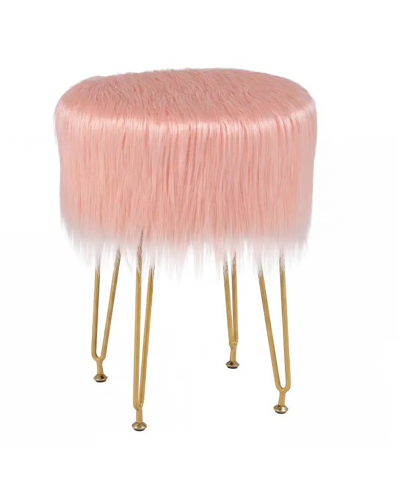Faux Fur Vanity Stool Chair with Metal Legs for Bedroom and Living Room-Pink - Pink - Ottomans