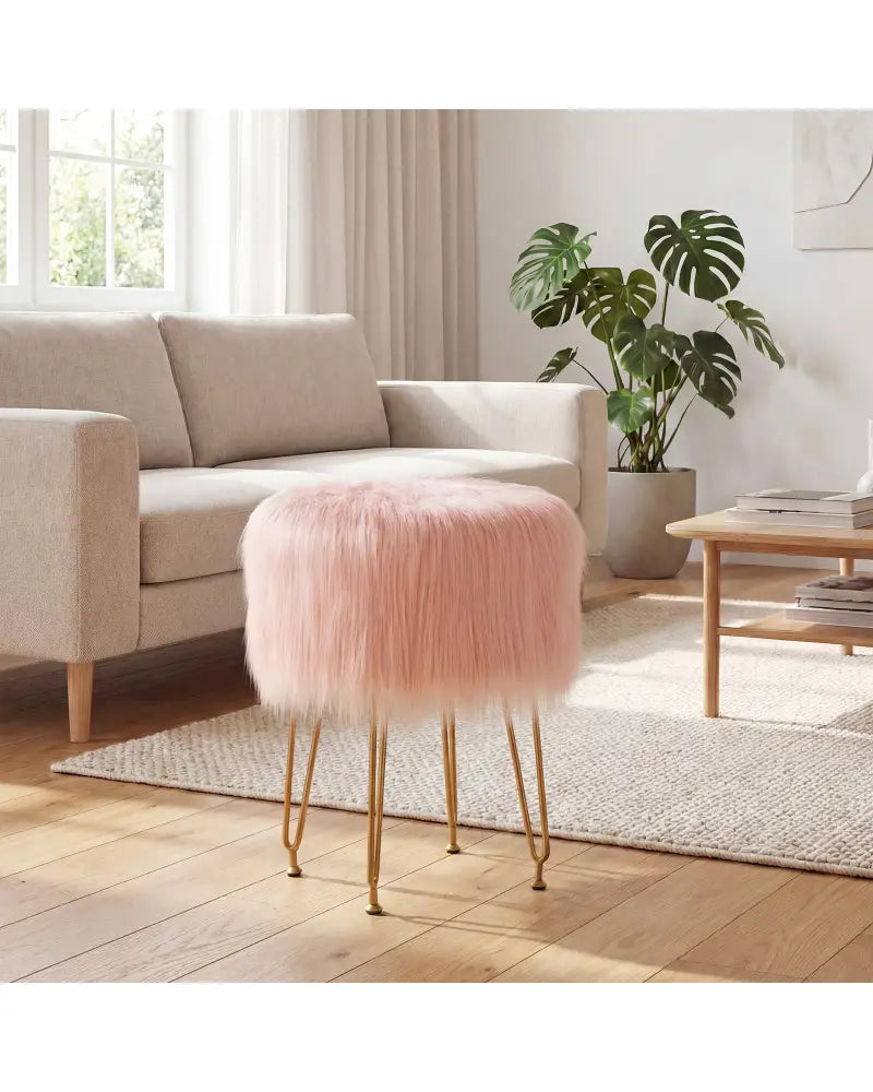 Faux Fur Vanity Stool Chair with Metal Legs for Bedroom and Living Room-Pink - Pink - Ottomans