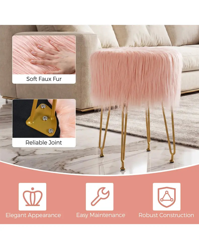 Faux Fur Vanity Stool Chair with Metal Legs for Bedroom and Living Room-Pink - Pink - Ottomans
