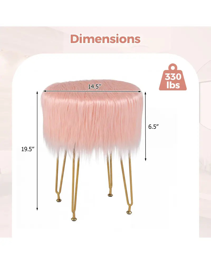 Faux Fur Vanity Stool Chair with Metal Legs for Bedroom and Living Room-Pink - Pink - Ottomans
