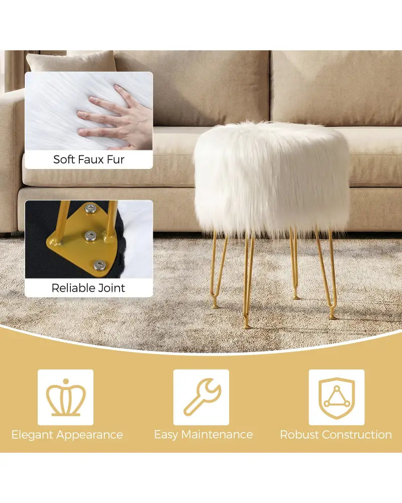 Faux Fur Vanity Stool Chair with Metal Legs for Bedroom and Living Room-White - White - Ottomans