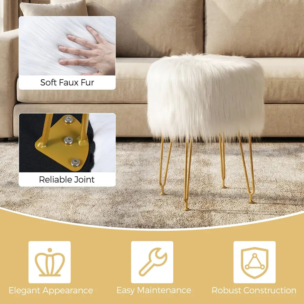 Faux Fur Vanity Stool Chair with Metal Legs for Bedroom and Living Room-White - White - Ottomans