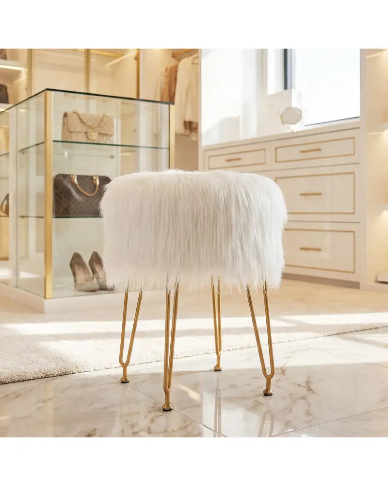 Faux Fur Vanity Stool Chair with Metal Legs for Bedroom and Living Room-White - White - Ottomans