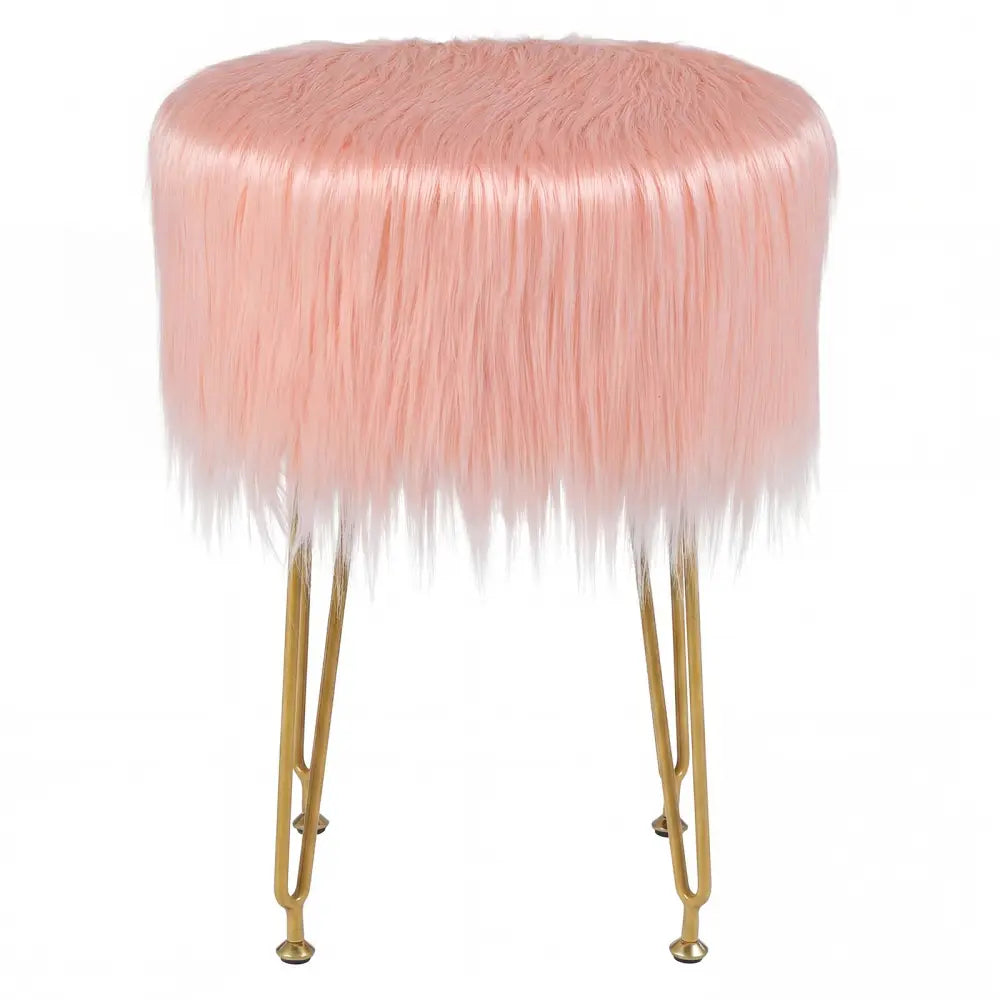 Faux Fur Vanity Stool Chair with Metal Legs for Bedroom and Living Room-Pink - Pink - Ottomans