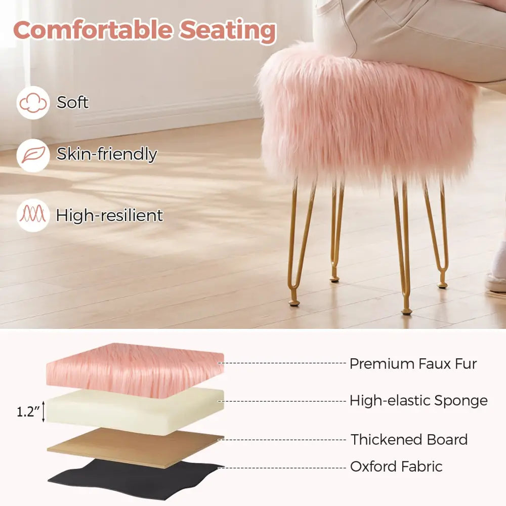 Faux Fur Vanity Stool Chair with Metal Legs for Bedroom and Living Room-Pink - Pink - Ottomans