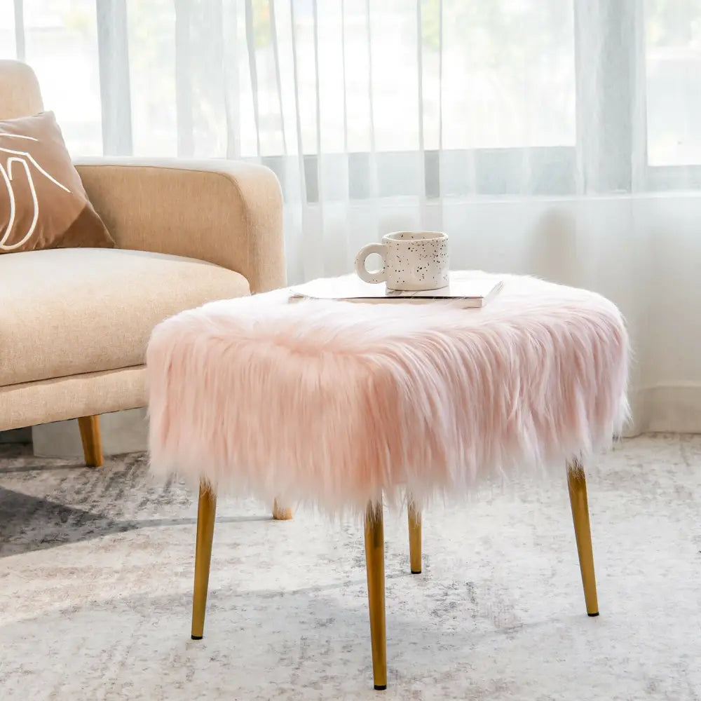 Faux Fur Vanity Stool with Golden Metal Legs for Makeup Room-Pink - Pink - Ottomans