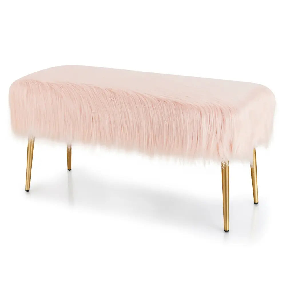 Faux Fur Vanity Stool with Golden Metal Legs for Makeup Room-Pink - Pink - Ottomans
