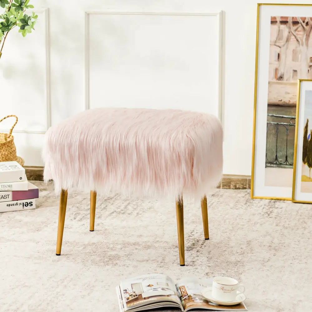 Faux Fur Vanity Stool with Golden Metal Legs for Makeup Room-Pink - Pink - Ottomans