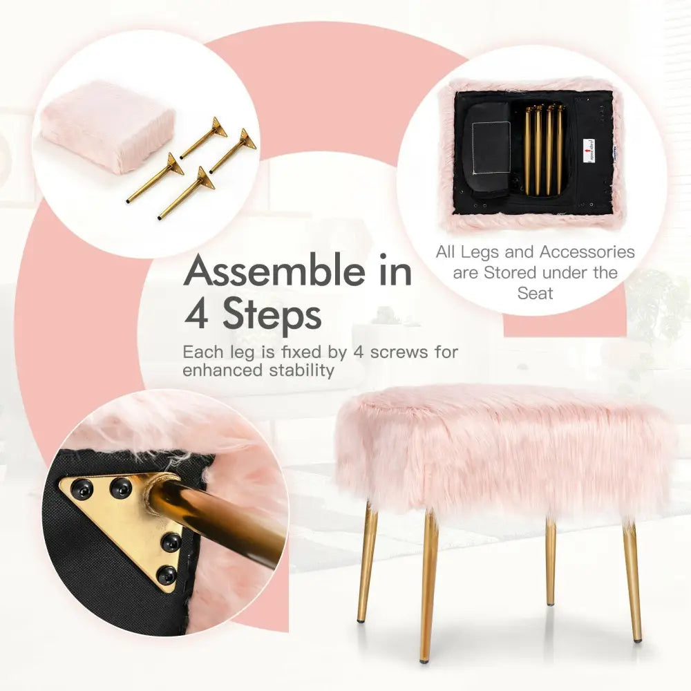 Faux Fur Vanity Stool with Golden Metal Legs for Makeup Room-Pink - Pink - Ottomans