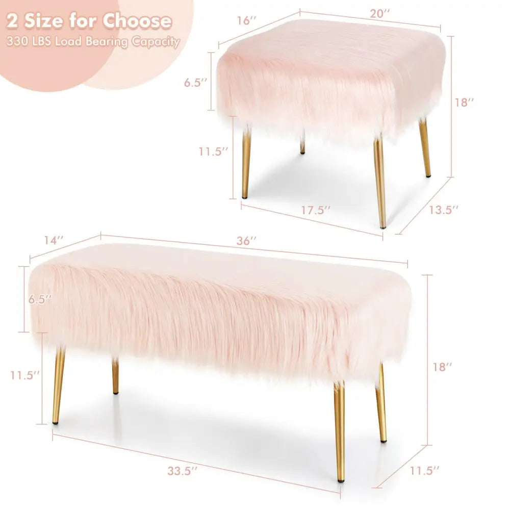 Faux Fur Vanity Stool with Golden Metal Legs for Makeup Room-Pink - Pink - Ottomans
