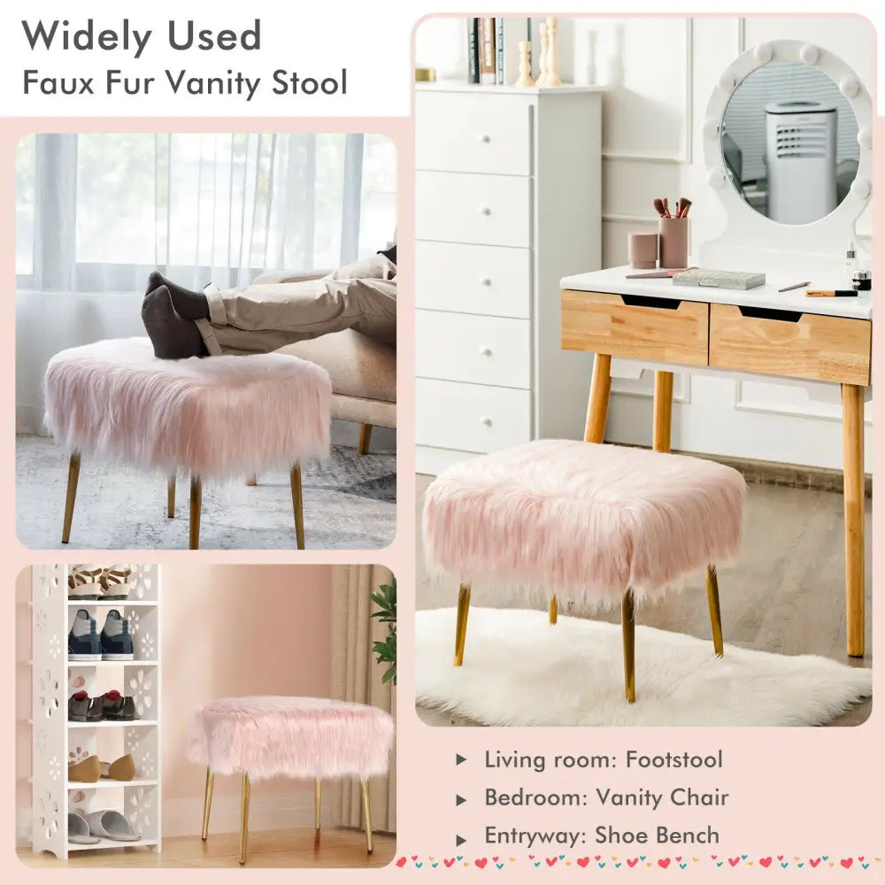 Faux Fur Vanity Stool with Golden Metal Legs for Makeup Room-Pink - Pink - Ottomans