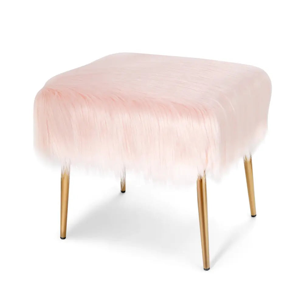 Faux Fur Vanity Stool with Golden Metal Legs for Makeup Room-Pink - Pink - Ottomans