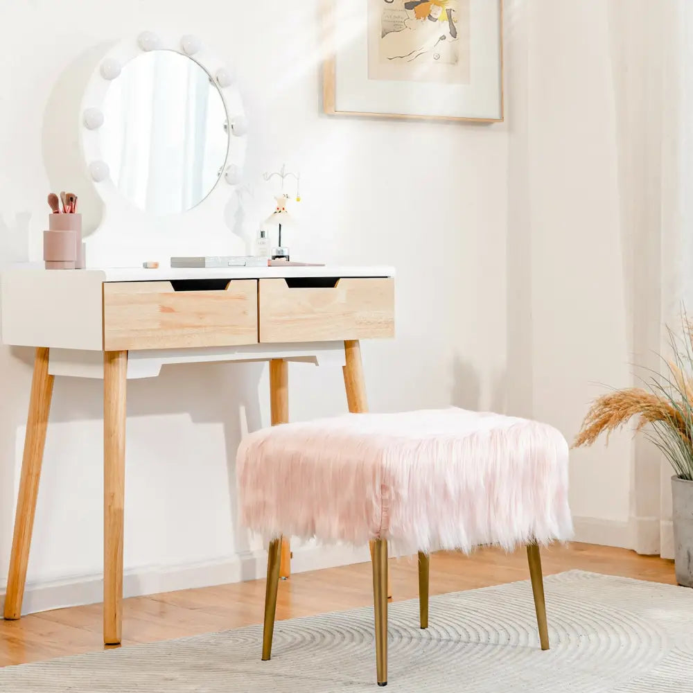 Faux Fur Vanity Stool with Golden Metal Legs for Makeup Room-Pink - Pink - Ottomans