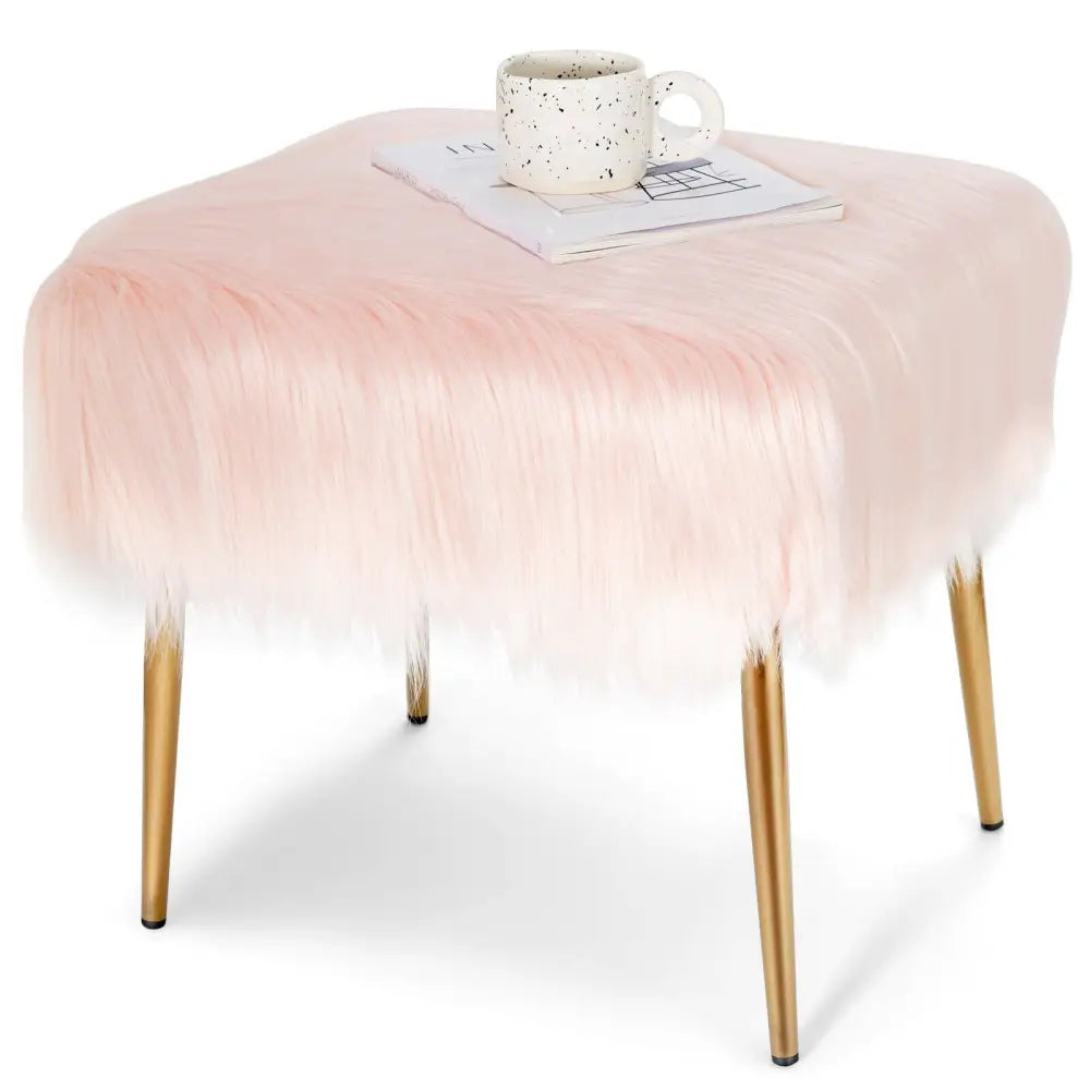 Faux Fur Vanity Stool with Golden Metal Legs for Makeup Room-Pink - Pink - Ottomans