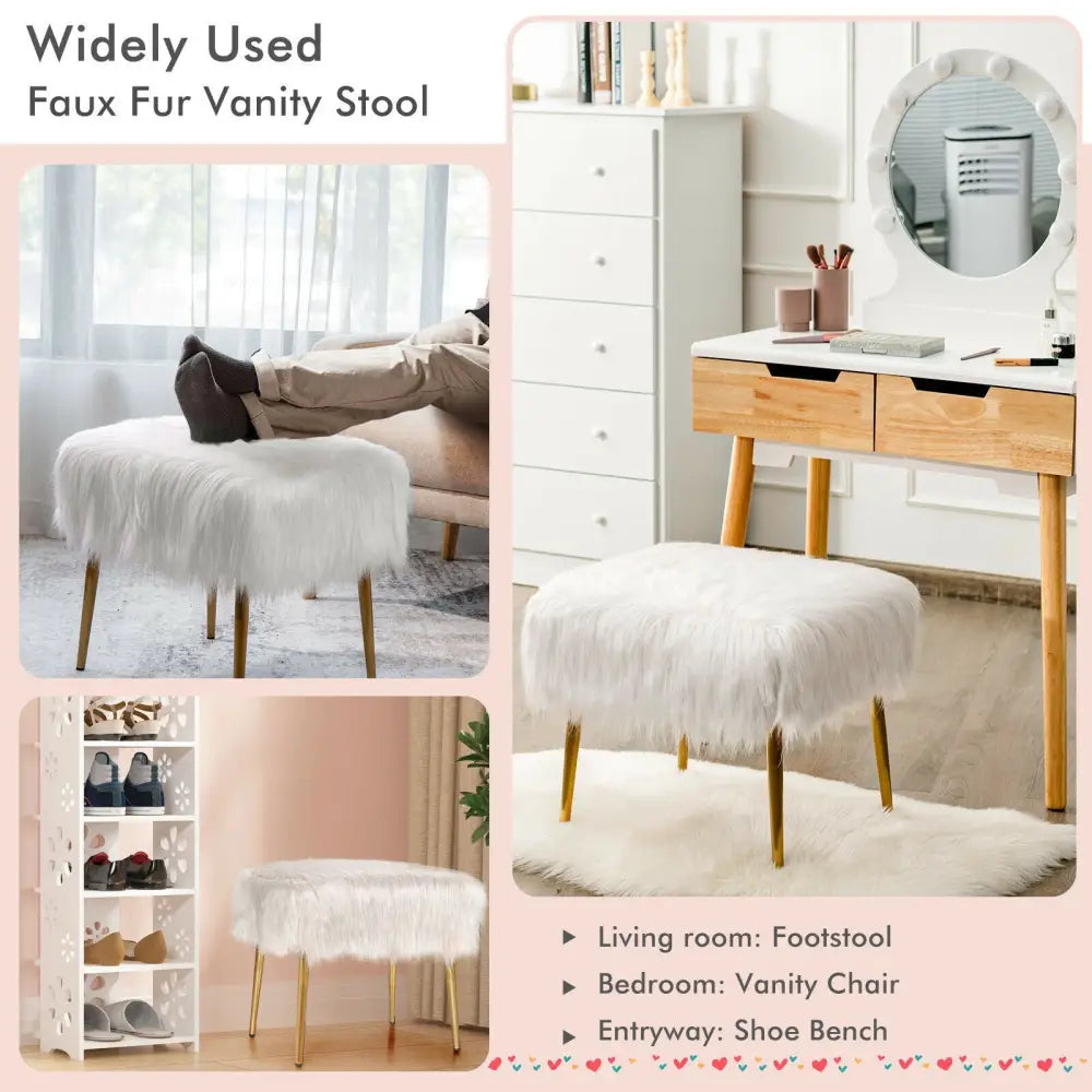 Faux Fur Vanity Stool with Golden Metal Legs for Makeup Room-White - White - Ottomans