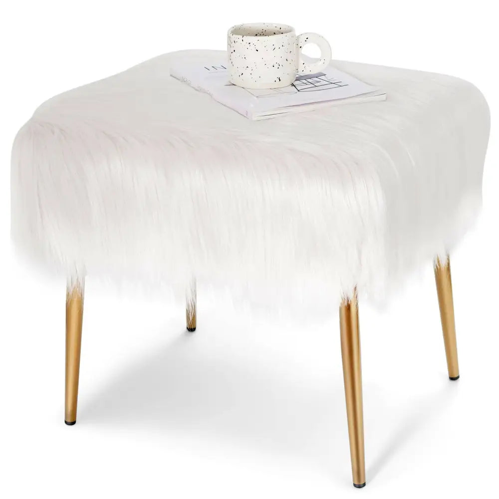Faux Fur Vanity Stool with Golden Metal Legs for Makeup Room-White - White - Ottomans